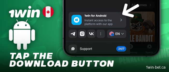 Find the download button on 1win for Android