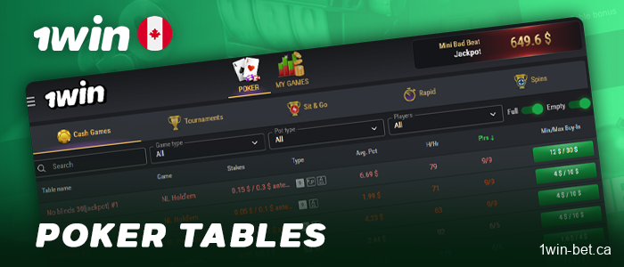 Poker games for Canadian players at 1win Casino
