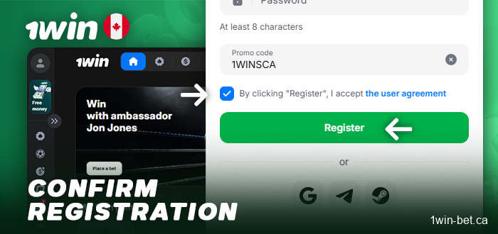 Agree to 1win's terms and conditions and complete your account registration