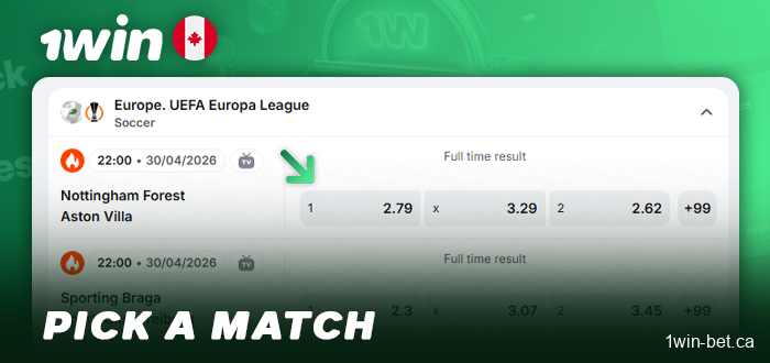 Select a match and an event on 1Win Canada