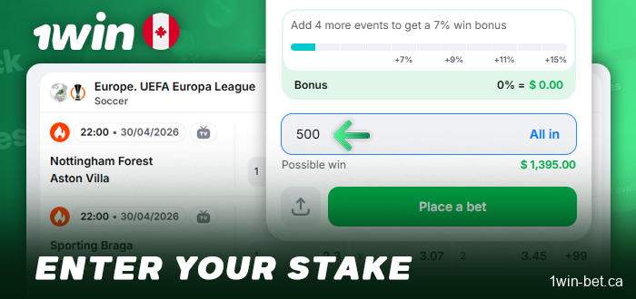 Enter the bet amount for the match at 1Win