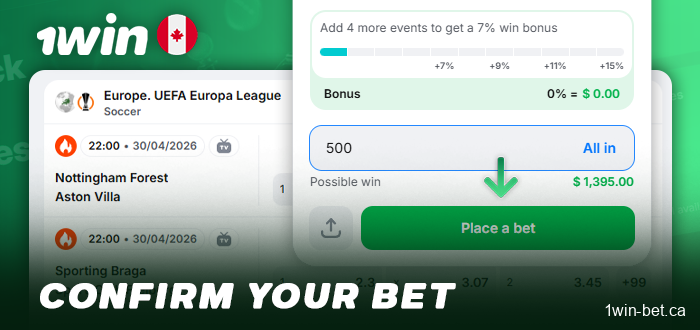 Confirm your bet on the 1win betting slip