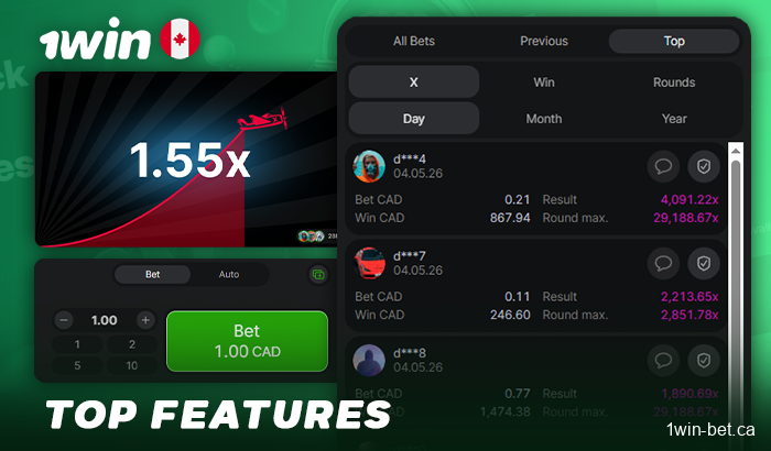 Features of the Aviator crash game at 1win Canada