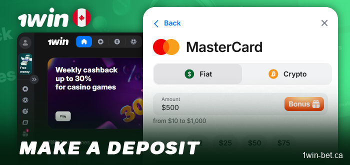 Deposit funds into 1Win Canada account to place bets on Aviator