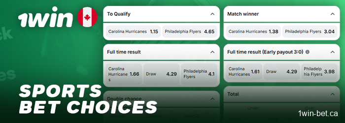 Betting options for the match at 1win